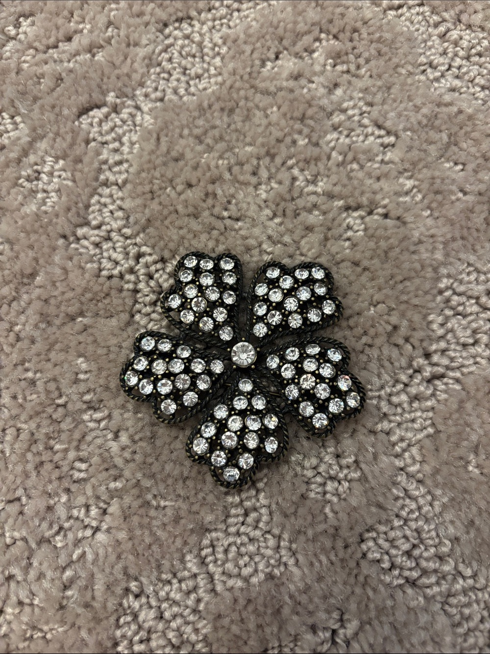 Crystal Pave Flower Brooch - Black and Clear
